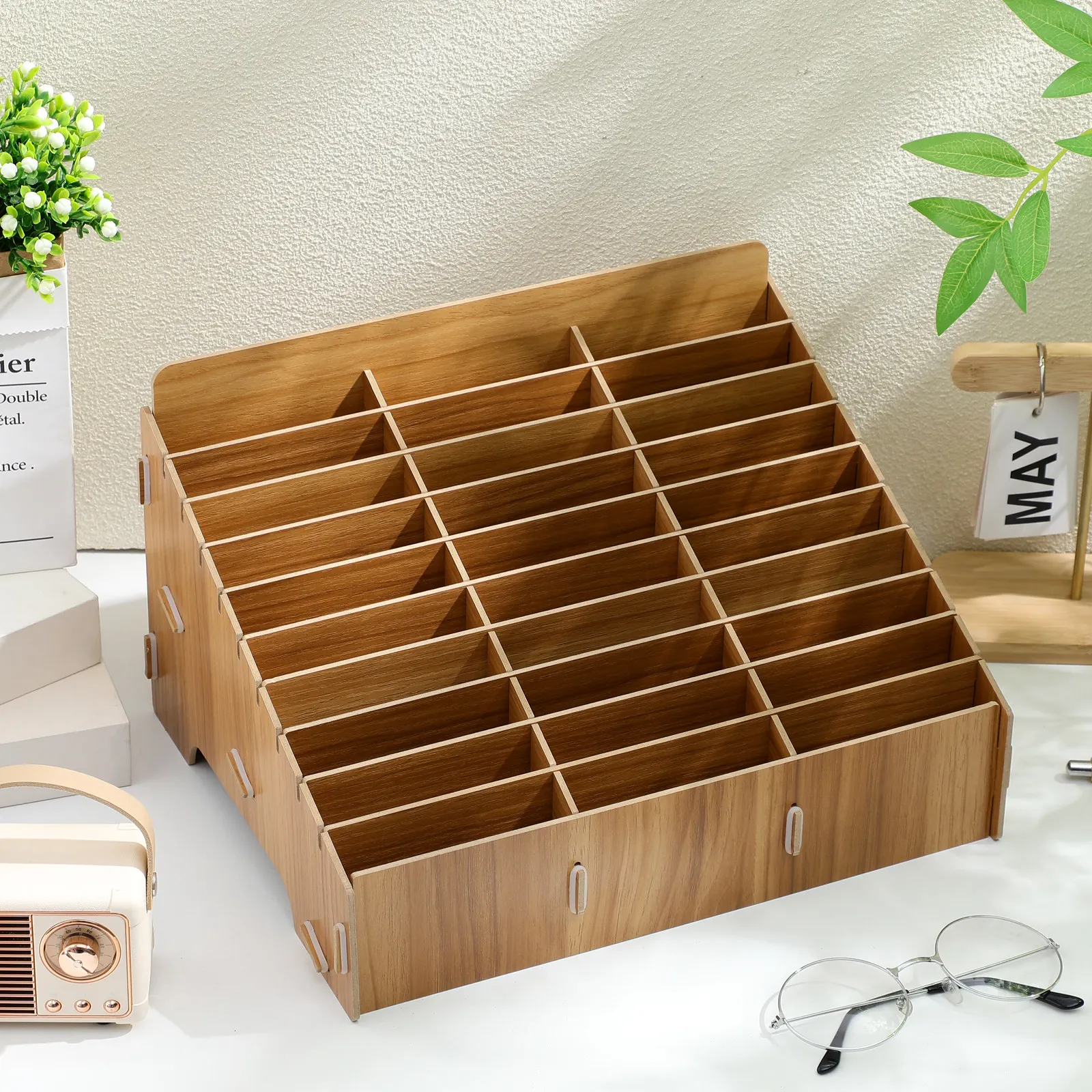 Wooden Cell Phones Storage Box 30-Grid Desktop Mobile Phone Organizer Holder Temporary Phone Storage Holder for Meeting Room