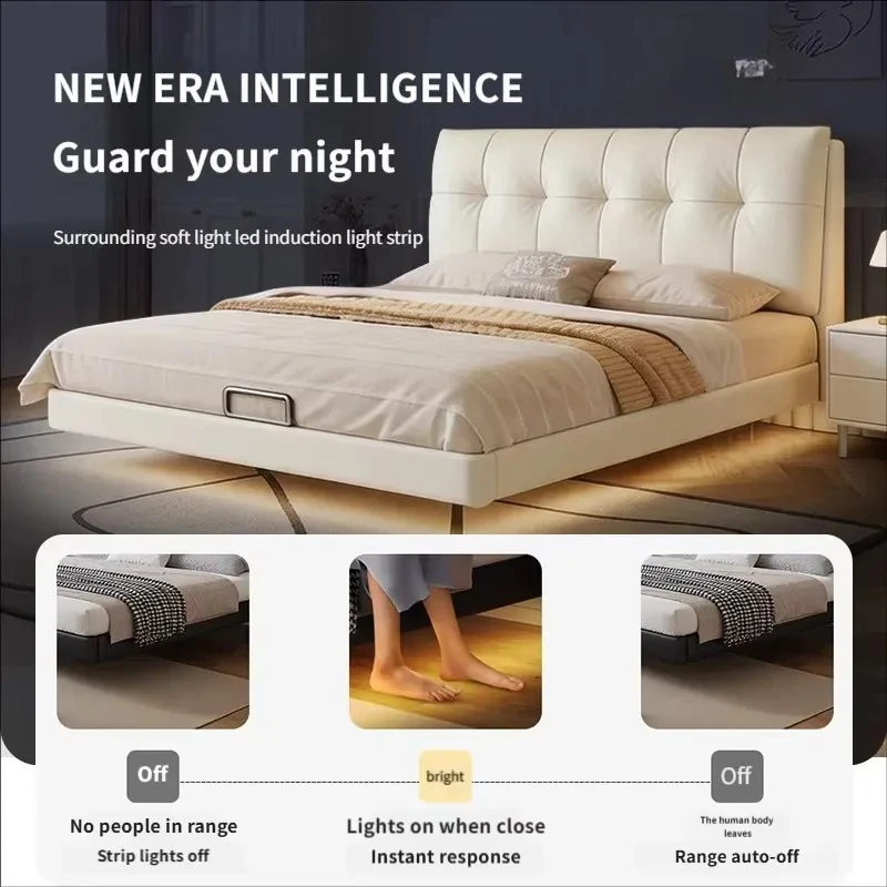Factory Direct Cream Floating Bed with Sensor Light and Storage 1.8m Double Bed Top Grain Napa Leather Modern Platform Bed