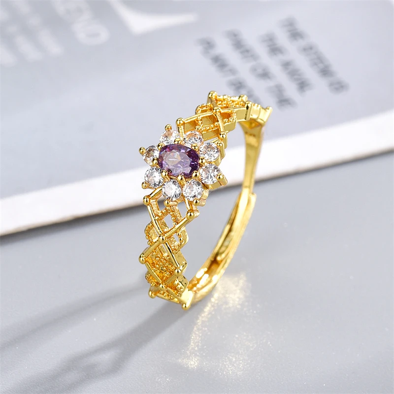 

Fashion Purple Crystal Flower Ring for Women Exquisite Bridal Wedding Engagement Ring Adjustable Jewelry Accessories Wholesale