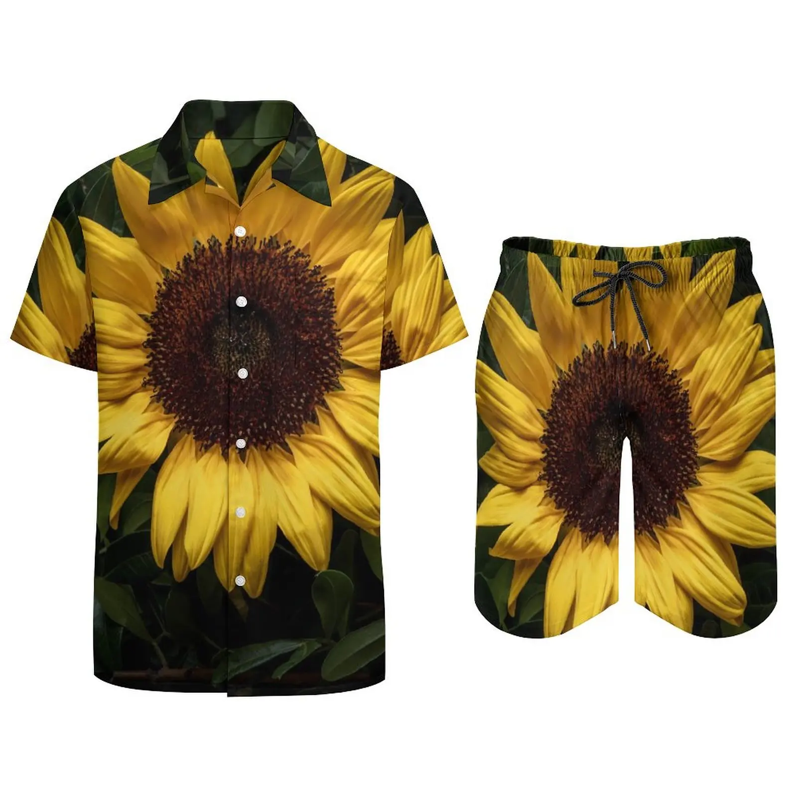 Yellow Sunflower Print Beachwear Men Sets Green Leaves Casual Shirt Set Summer Pattern Shorts 2 Piece Cool Suit 2XL 3XL