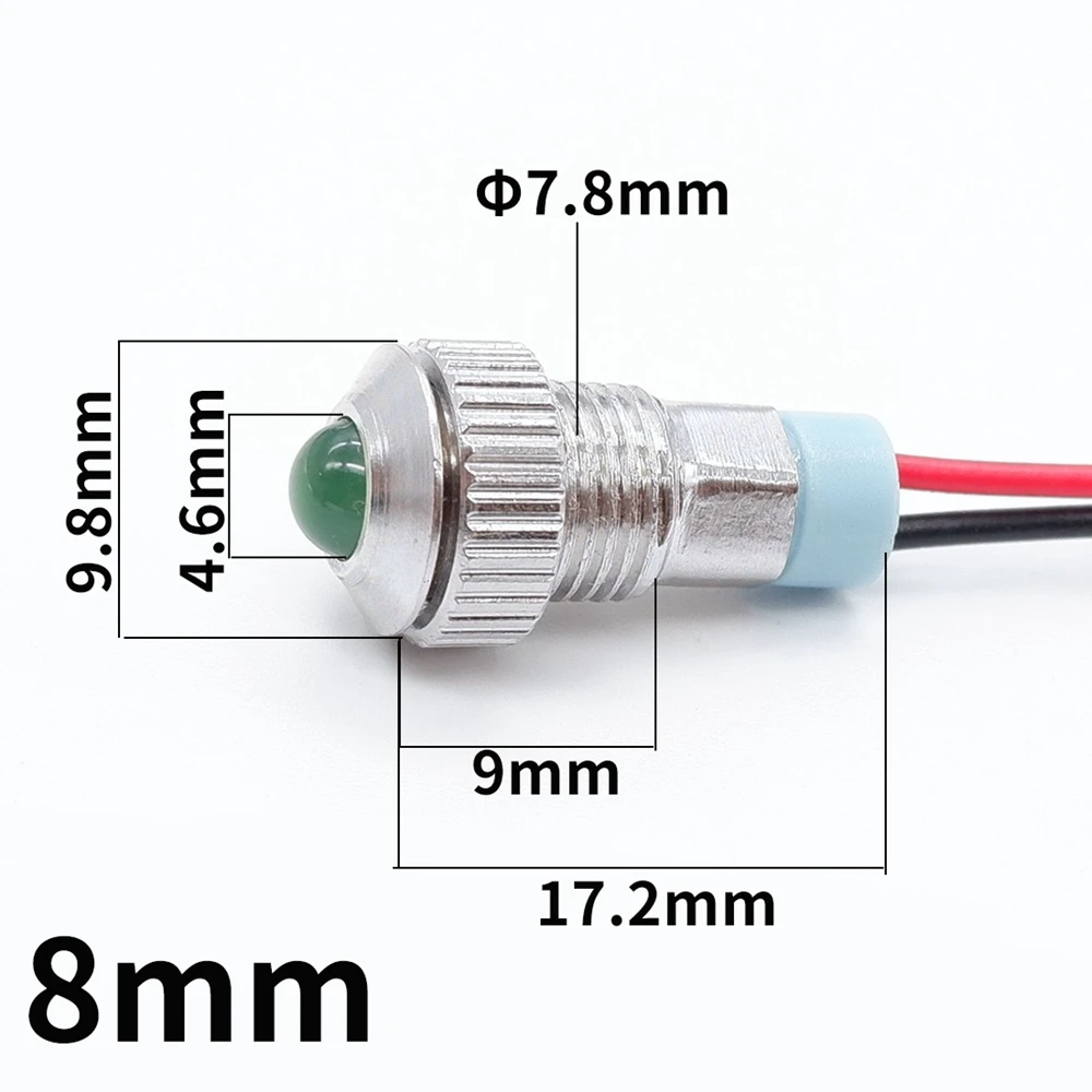 ไฟแสดงสถานะโลหะ LED ขนาด 8 มม. 100 ชิ้น พร้อมสายไฟ 3V 5V 12V 24V 110V 220V สีแดง เหลือง น้ำเงิน เขียว ขาว