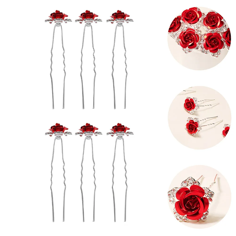 

6Pcs Rose Flower Rhinestone Hairpin U-Shaped Bridal Hairpin Wedding Party Hair Accessories Elegant Bride Hair Decoration