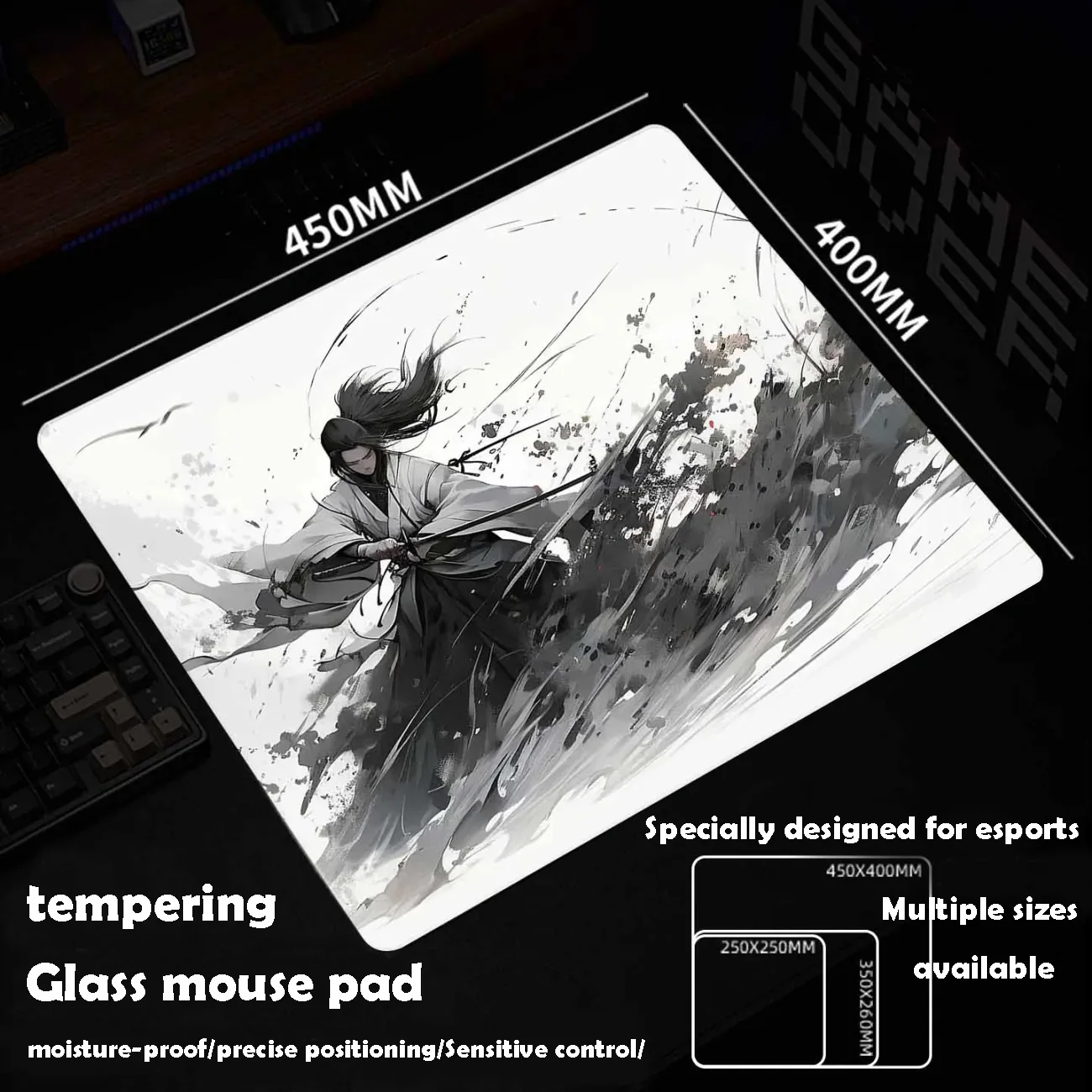 Heroic Ink Painting Glass Mousepad Sora Game Mouse Pad Customized Pattern Tempered Smooth Gaming Desk Mat Fps Esports Office