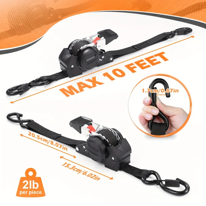 ‌ 2/4pcs Auto Retractable Ratchet Straps 10ft 1500lb Strength - Heavy Duty Cargo Tie Down for Truck Trailer Motorcycle Moving