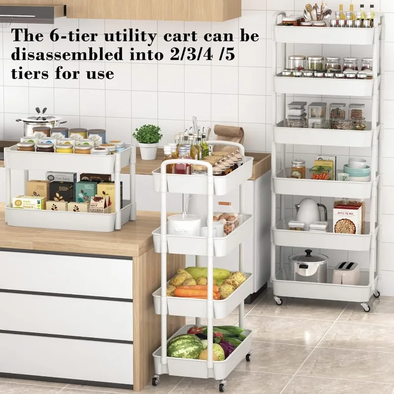 Sywhitta 6-Tier Plastic Rolling Utility Cart with Handle, Multi-Functional Storage Trolley,Movable Storage Organizer with Wheels