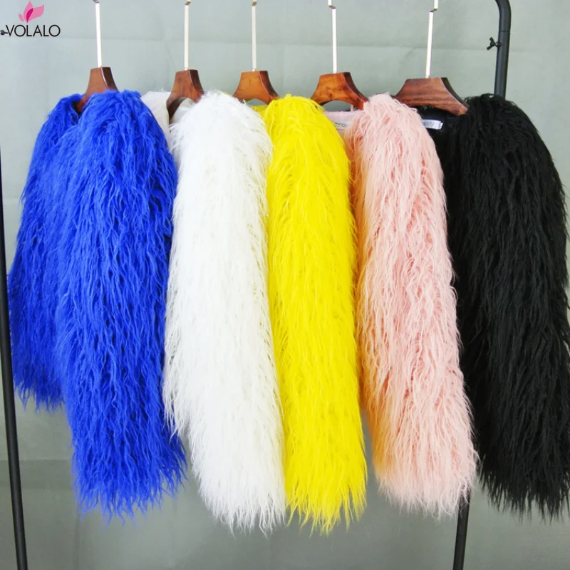 VOLALO สีสัน WARM Faux ผู้หญิงเสื้อขนสัตว์หลวมสีดําสีขาวสีชมพู Plush Coat หญิงเสื้อขนสัตว์ฤดูใบไม้ร่วงฤดูหนาว Shaggy Outerwear