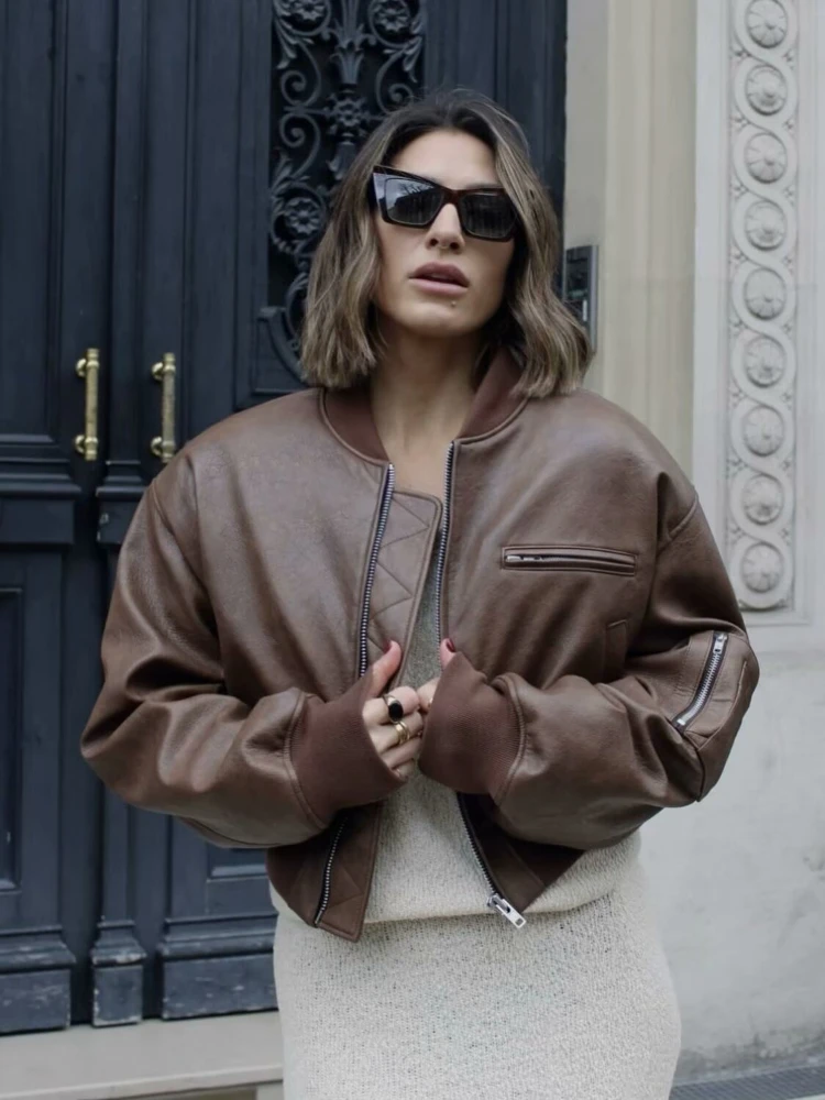 Vintage Zipper Motorcycle Leather Jacket for Women Trend Autumn New Loose Long-sleeved PU Leather Jacket Black High Quality Coat