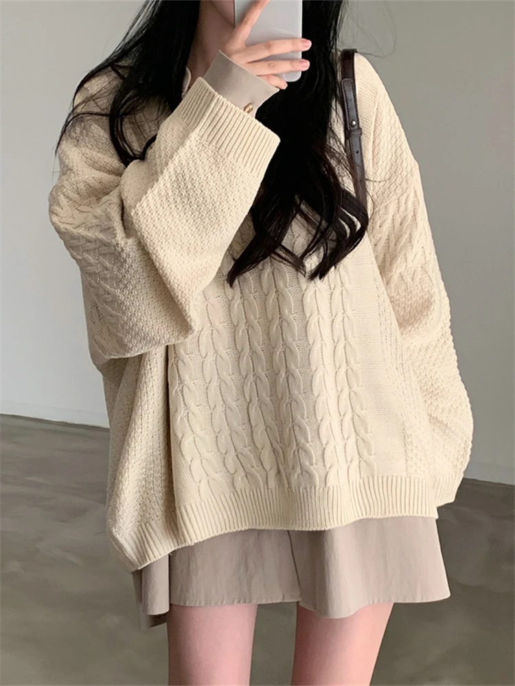 REALEFT Autumn Winter Vintage Oversize V-Neck Women's Sweater 2023 New Casual Loose Long Sleeve Sweaters Knitted Pullover Female