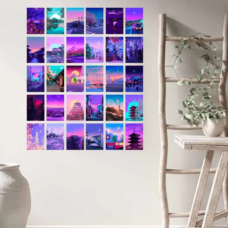 10/30PCS Purple Wall Collage Kit 80s Neon City Night Street Poster Aesthetics Natural Scenery Art Printing Room Decor Mural