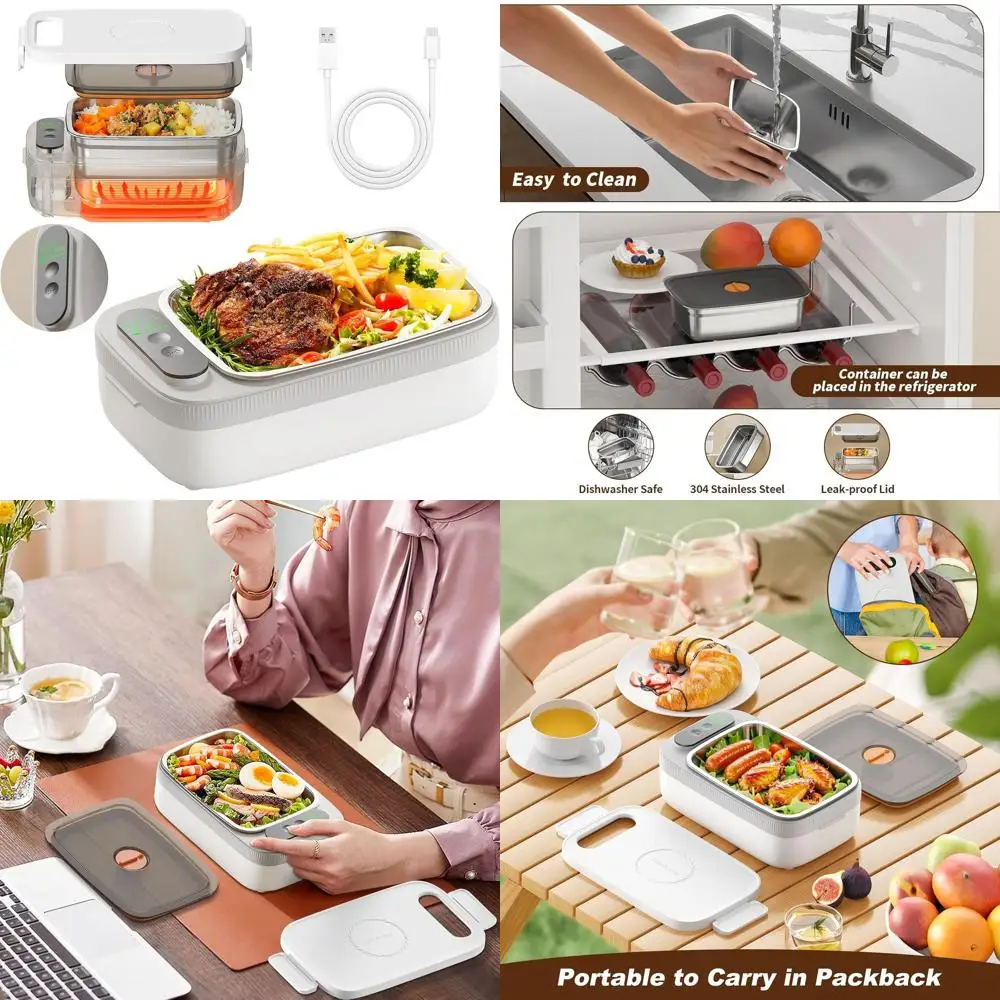 

Portable 1L Stainless Steel Lunch Box for Men - Cordless, 18W Heating, Ideal for Office, Picnic, Car, Truck, Work, 7-Timer Self-
