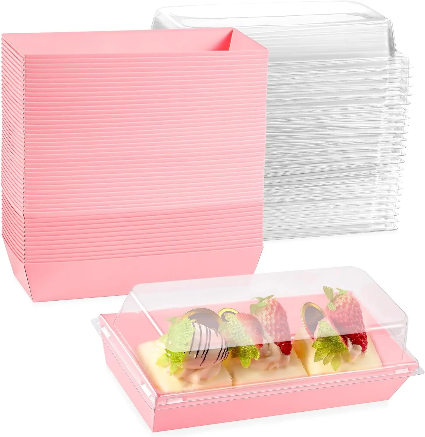 50pcs Baking Rectangular Paper And Plastic Box, For Rolled Cake, Sandwiches, Bacon, Scallops, Disposable Pastry Packaging Box Wi