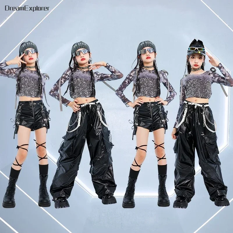 Hip Hop Girls K-pop Sequin Crop Top Street Dance Pu Leather Pants Kids Streetwear Shiny Shorts Child Jazz Costumes Clothes Sets