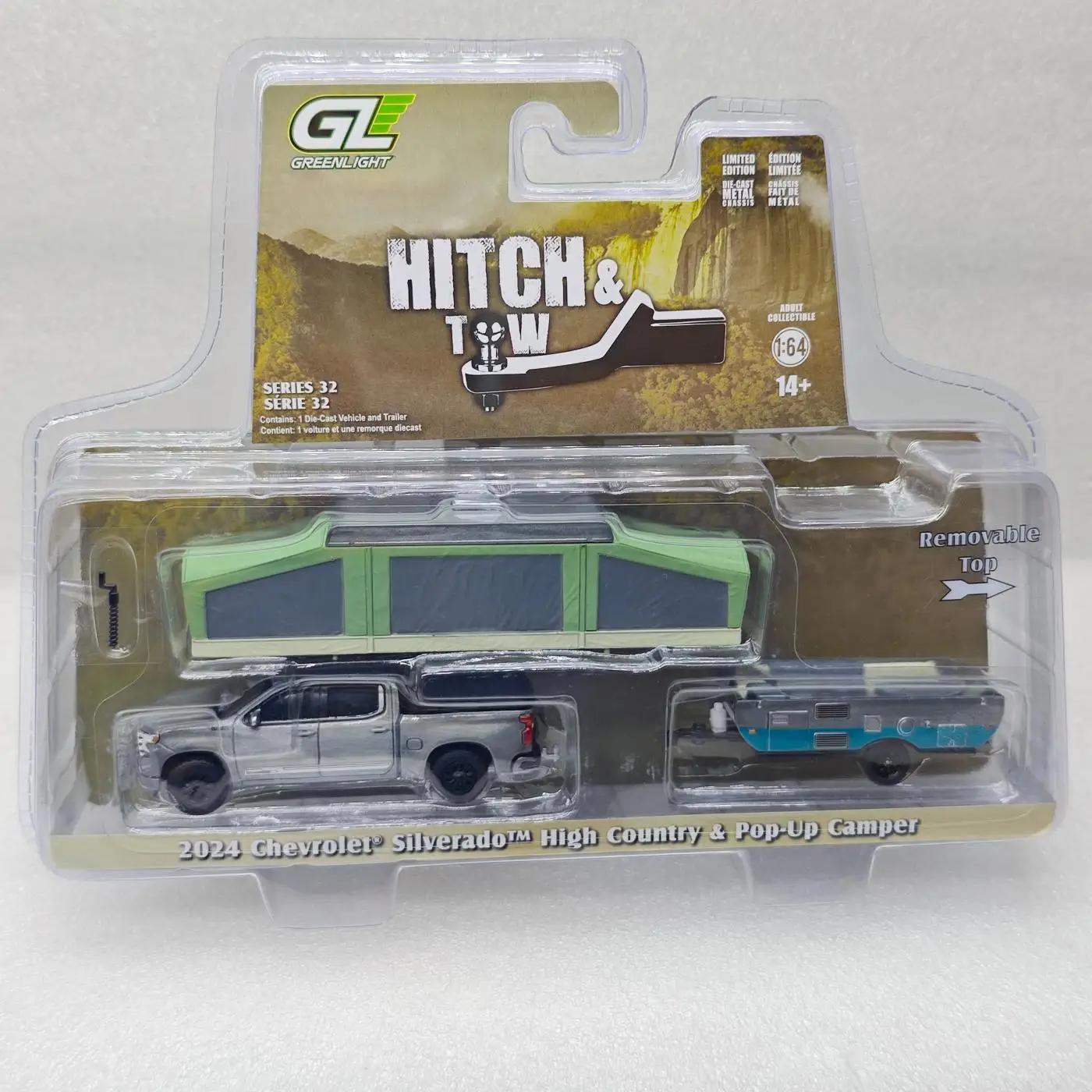 

GreenLight 1:64 H & T series 32-2024 Silverado High Country & Pop-up Camper Alloy Mini Car Model Collection Display Toy Gift