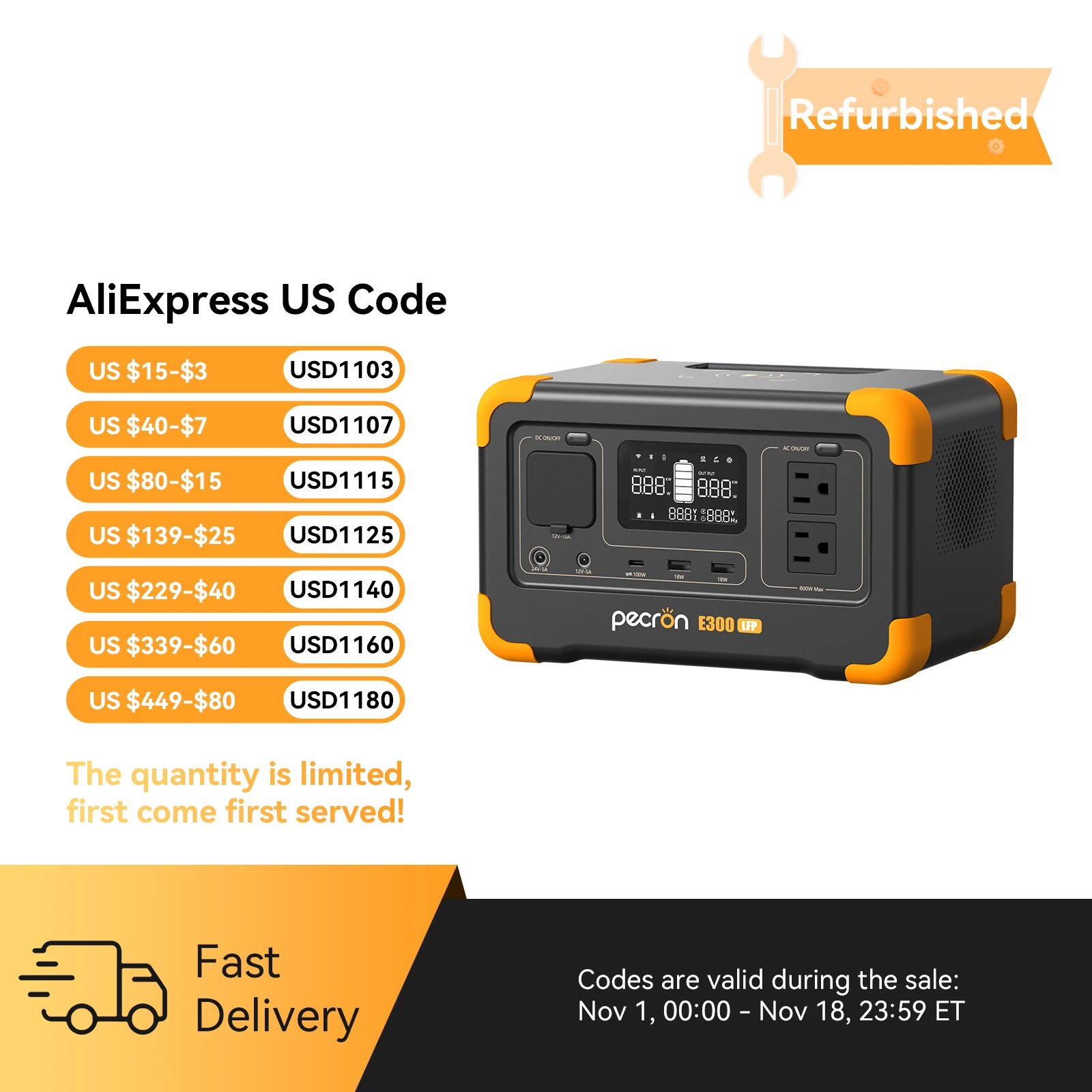 PECRON Portable Power Station E300LFP, 288Wh/600W Solar Generator 2 Up to 600W AC Outlets Generator, LiFePO4 Battery Fast Charging, Power Station for Home Use RV Camping