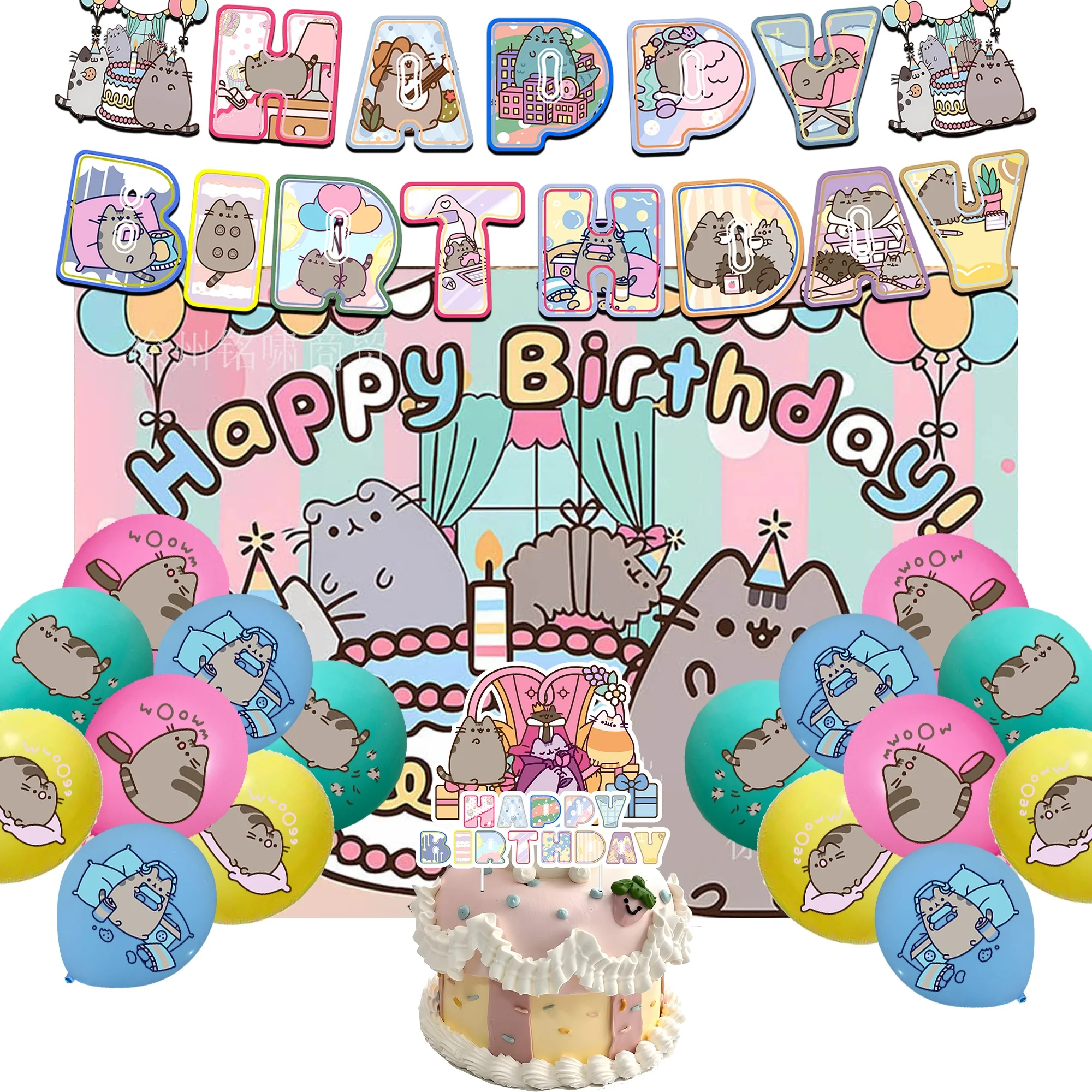 Image of Heißes Pusheen-Stil Geburtstagsparty-Set: Banner, Ballons, Kulisse, Tischgeschirr, Topper – Süße, dicke Katzen-Themen-Partydekorationen