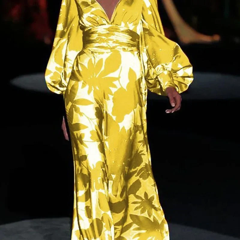 أزياء زهرة مطبوعة اللباس سليم فانوس كم الخامس الرقبة مثير Bodycon فستان زهري