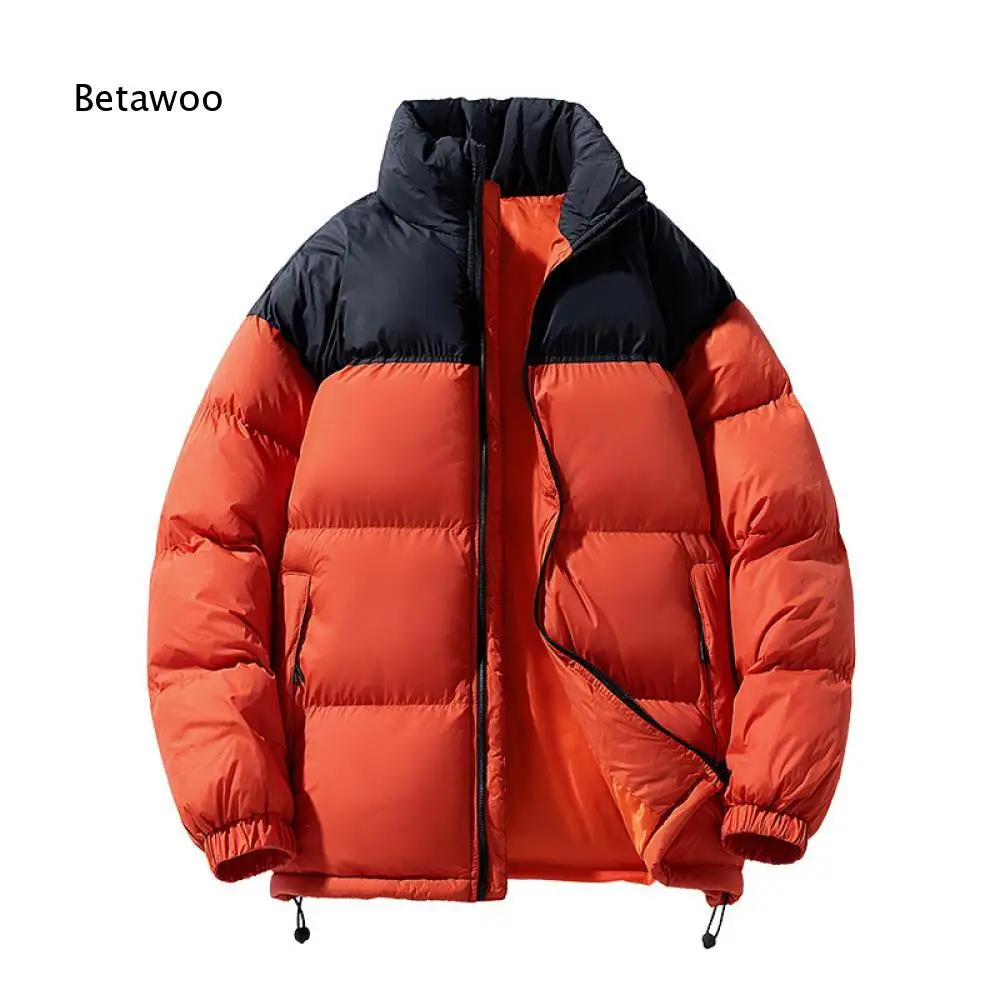 Men Color Block Stand Collar Down Puffer Jacket Full Zip Elastic Cuffs Drawstring Hem Zipper Side Pockets Warm Outerwear