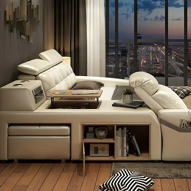 Modern intelligent multi-functional leather bed, Bluetooth speaker double master bedroom bed, massage storage bed bedroom