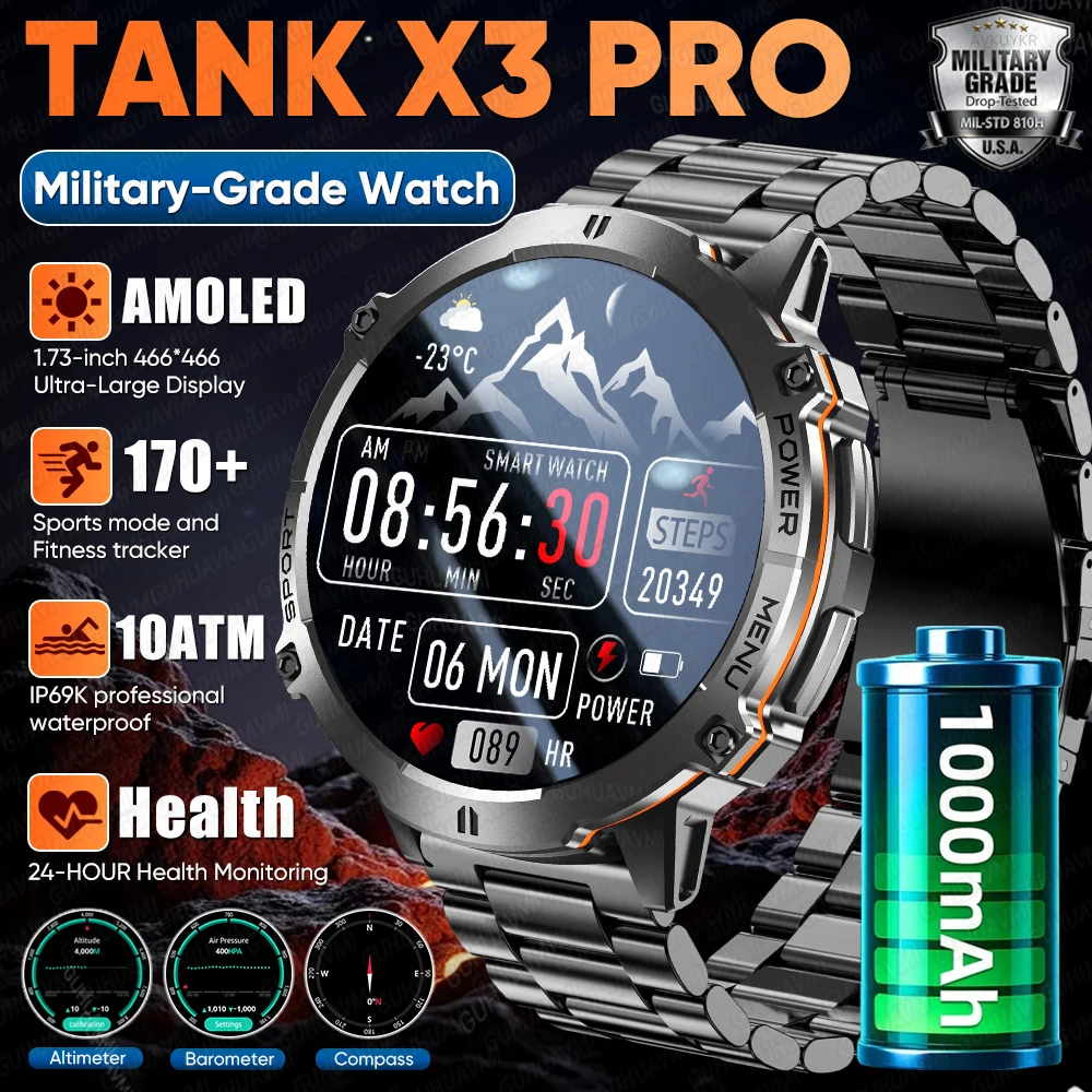 

New TANK X3 Pro 1000mAh Big Battery Smart Watch Men 10ATM&IP69K Altimeter Barometer Compass Military Sports HD AMOLED Smartwatch