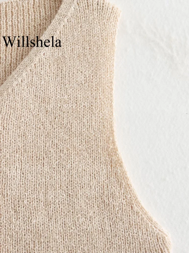 Willshela Women Fashion Beige Single Breasted Knitted Vest Tank Tops Vintage V-Neck Sleeveless Female Chic Lady Top