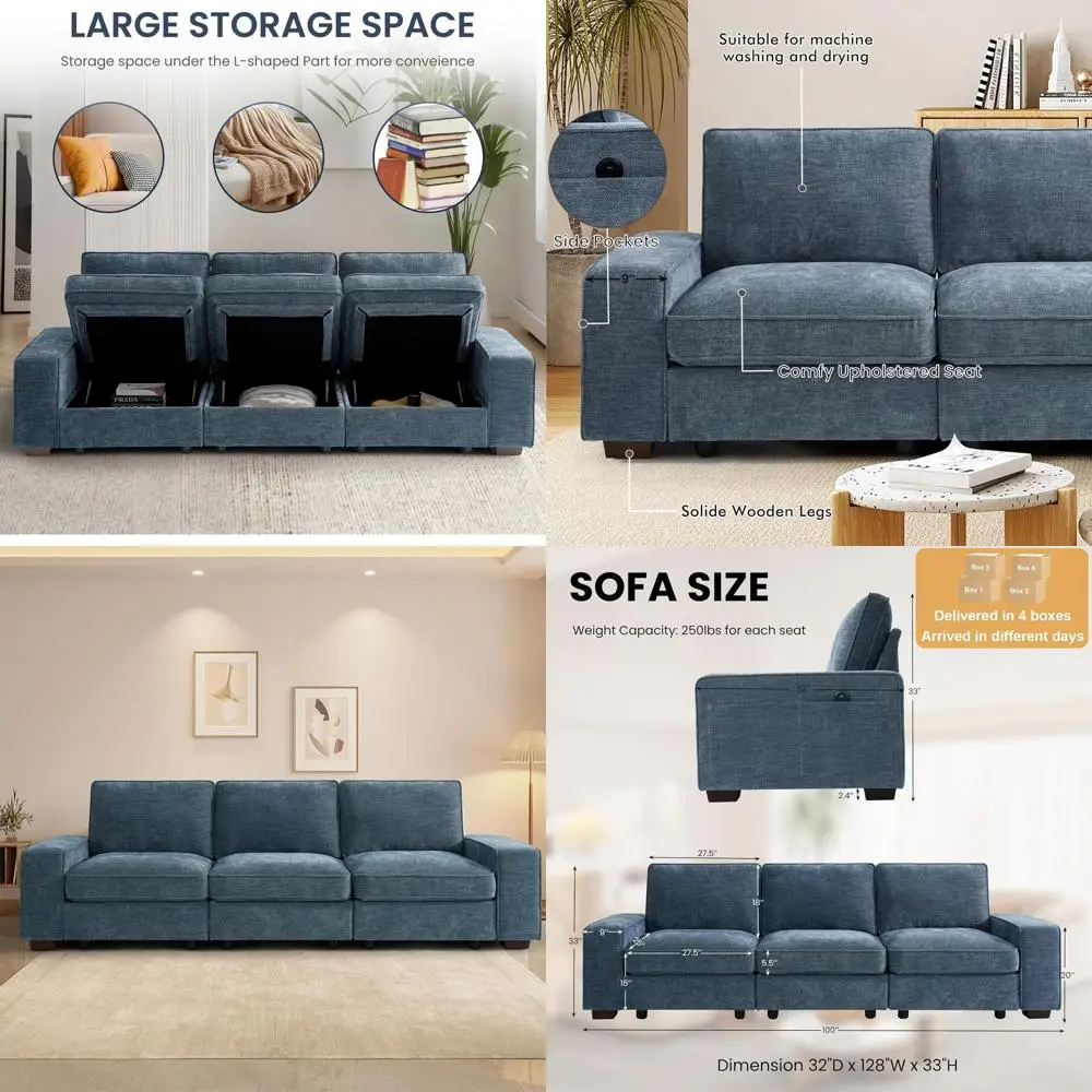 

3-Seater Chenille Fabric Couch with Deep Seats, Storage, USB Ports, and Removable Cover for Living Room or Office (Blue)