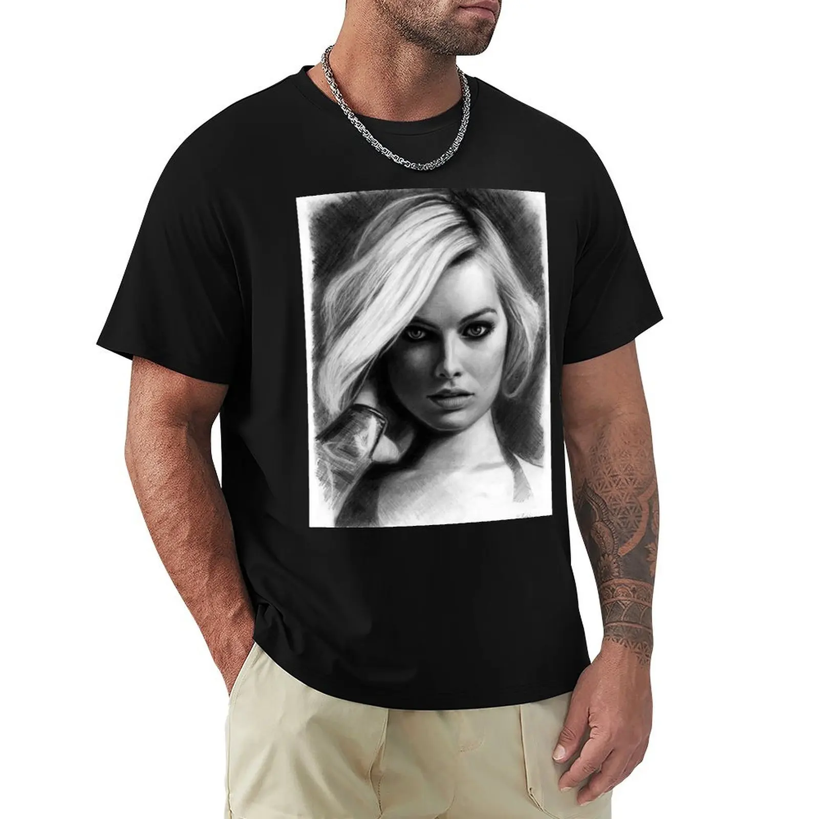 

Футболка Margot Robbie Pencil Sketch, забавная рубашка, хлопковая футболка большого размера с рисунком, подарки для парня, мужские футболки с рисунком