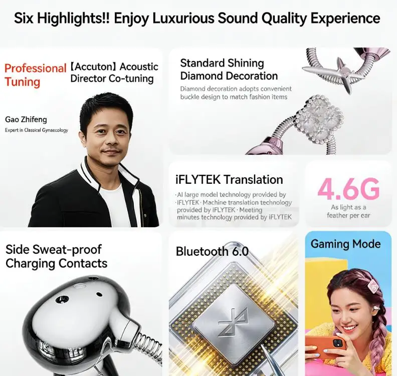 Dmooster D96 AI Translator Earbuds Diamond Clip-On Bluetooth 6.0 Stylish Accessory lightweight Open Ear Headphones for sport
