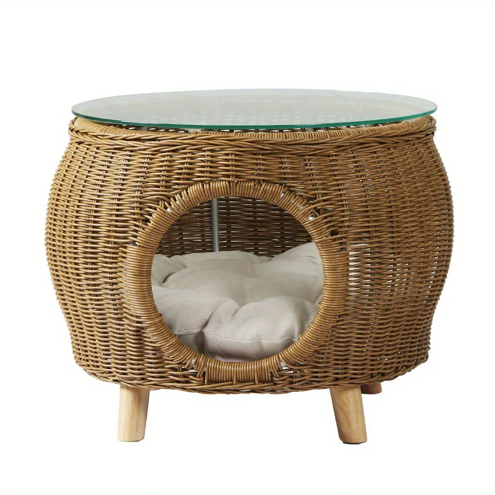 

Cat House Frame Coffee Side Table with Pet Bed Glass Top Durable Outdoor Furniture Outdoor Patio Furniture
