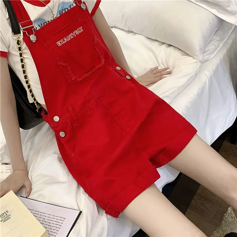 Denim Bib Shorts Red 2024 Summer New Loose Wide Leg Sling Hot Short Trousers High Waist Letters Jumpsuit For Women