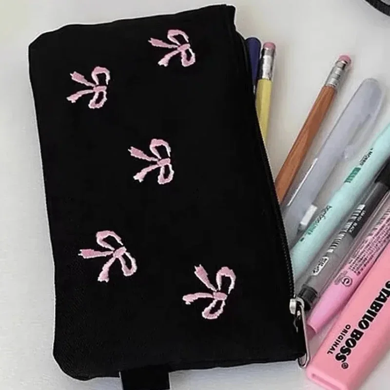 Cute Sweet Girl Heart Embroidered Bow Pencil Case Stationery Bag Square Shape Cosmetics Storage Bag Pencil Case Writing Supplies