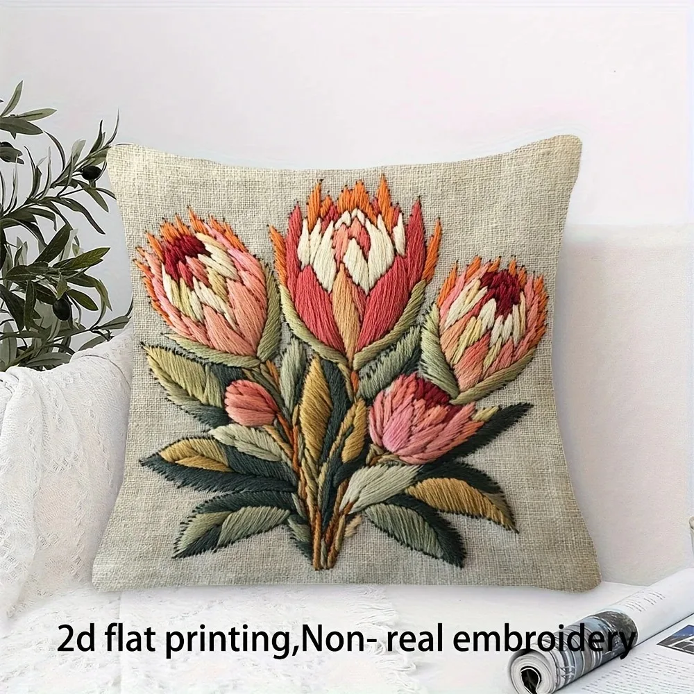 

2D Flat Printed Peach Skin Pillowcase Floral Wildflower Faux Embroidery Style Cushion Cover Sofa Living Room Home Decoration