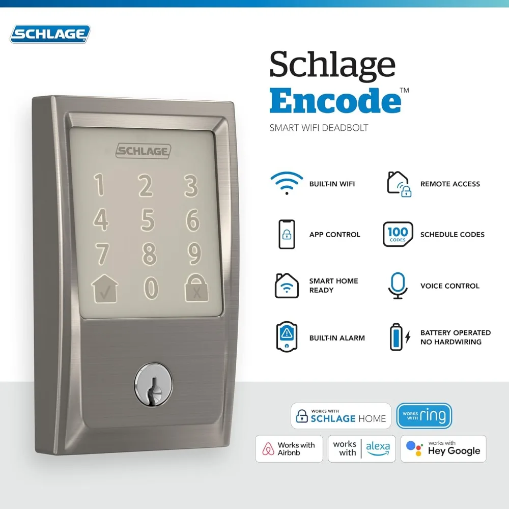Schlage Encode Intelligentes WiFi-Riegelschloss für die Haustür – schlüsselloser Zugang mit App oder Touchscreen – funktioniert mit Alexa, Hey Google und