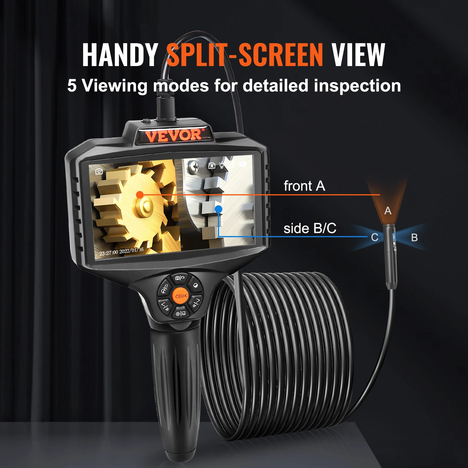 VEVOR Triple Lens Industrial Endoscope 5 inch IPS Screen Waterproof Drain Borescope Inspection Camera with for Auto Plumbing