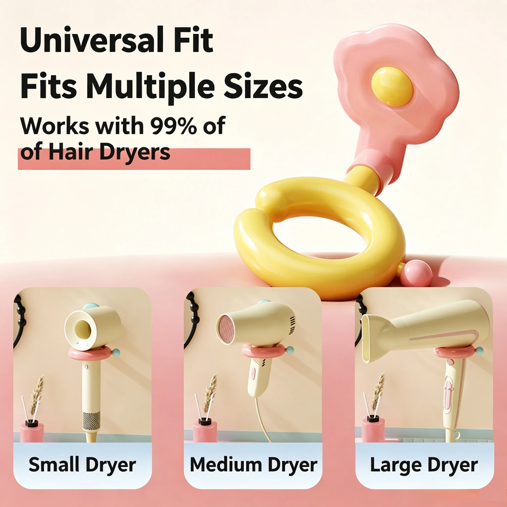 Cute Flower No Drilling Hair Dryer Holder, Rotatable Wall Mount Stand with Cord Storage, Fits 99% Hair Dryers