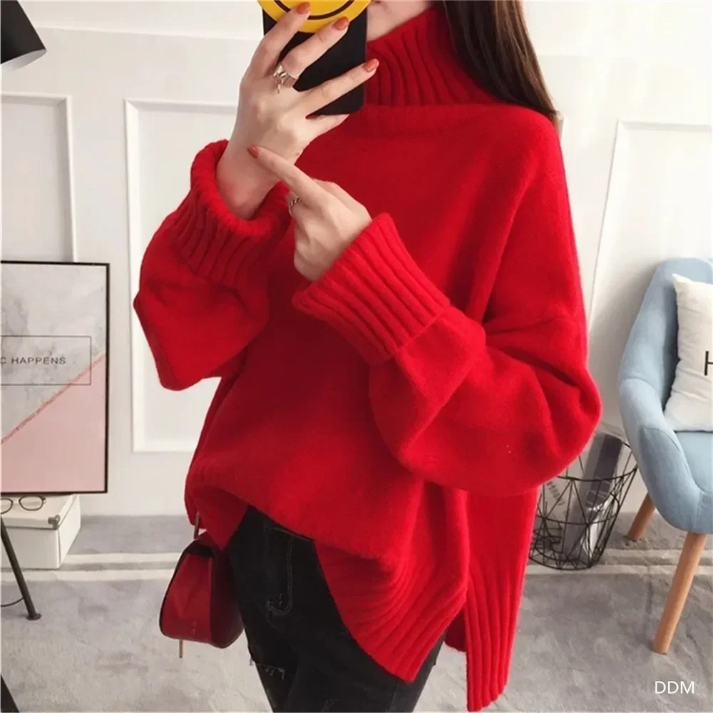 Thick Turtleneck Red Pink Beige Knitted Sweater Women Autumn Winter long sleeve Knitting tops Turtleneck Pullover Ladies Jumper