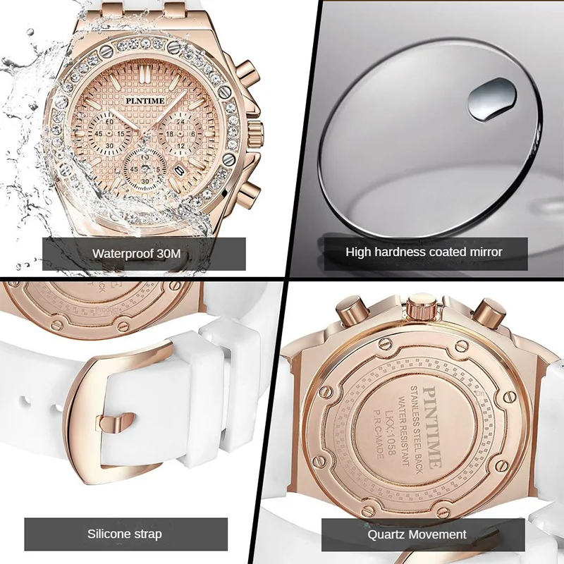 PINTIME Luxury Women Watch Silicone Strap Checkered Dial Simple Fashion Rhinestone Alloy Case Quartz Wristwatch Calendar Reloj