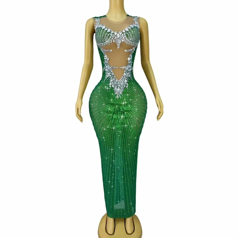 

Women Sparkly Rhinestones Transparent Green Gold Dress Evening Birthday Celebrate Party Dance Performance Photoshoot Costume