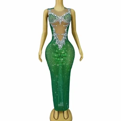 Women Sparkly Rhinestones Transparent Green Gold Dress Evening Birthday Celebrate Party Dance Performance Photoshoot Costume
