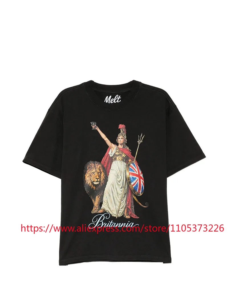 2026 New Melt Lion Print T-Shirt Vintage Washed Casual Loose Fit Cotton Short Sleeve Top