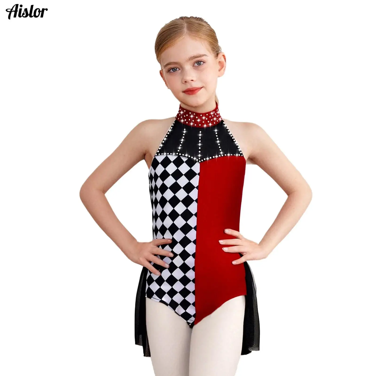 

Kids Girls Party Clown Costume Color Block Shiny Rhinestone Halter Sleeveless Mesh Overlay Leotard Jumpsuit for Ballet Dance
