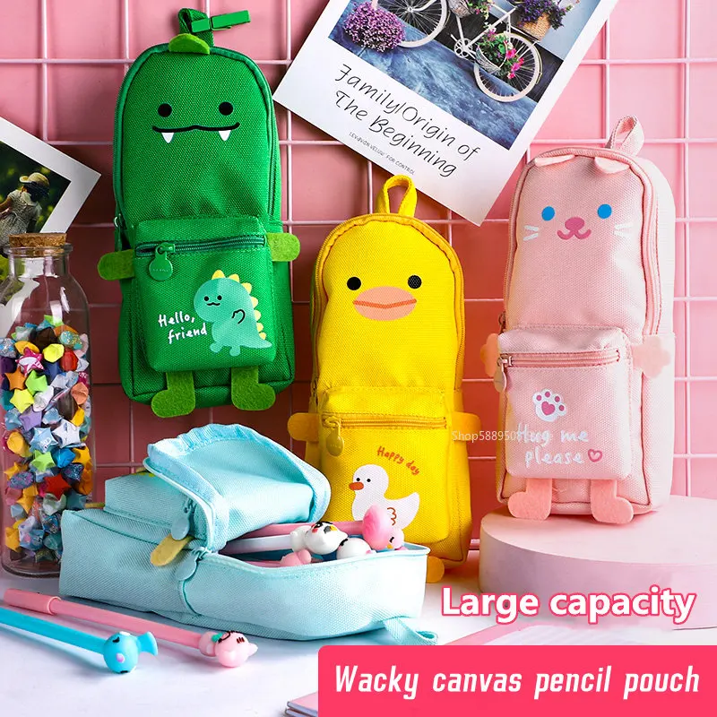 Cartoon Monster Canvas Pencil Bag Large Capacity Pencil Case Drawing Bag Primary and Secondary School Students Stationery Gifts