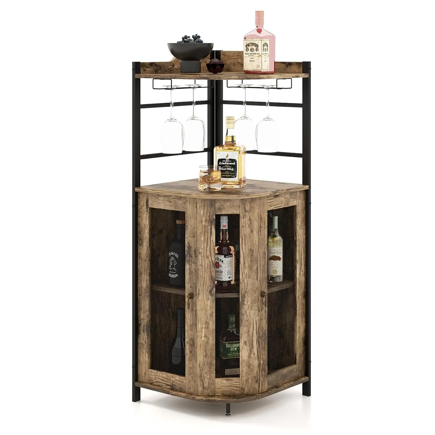 

Угловой винный шкаф-бар с металлической сетчатой дверцей и регулируемой полкой, защита от опрокидывания, цвет рустик-коричневый, 19x19x51 дюймов, на заказ