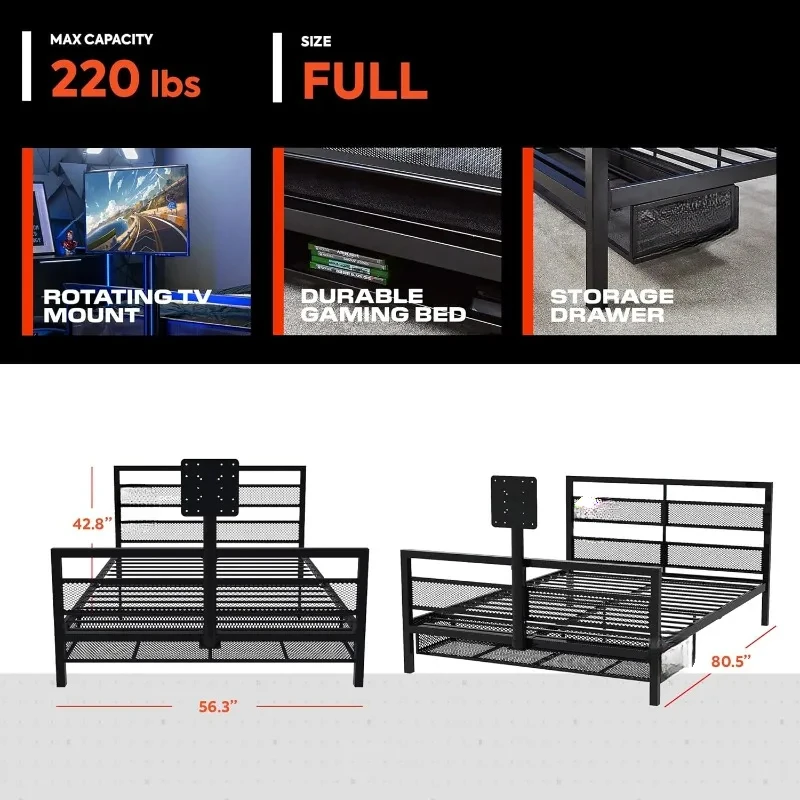 Cama De Jogo Em Tamanho Completo, Suporte De TV Giratória, Armazenamento De Console Ventilado, Grade De Metal Com Slats