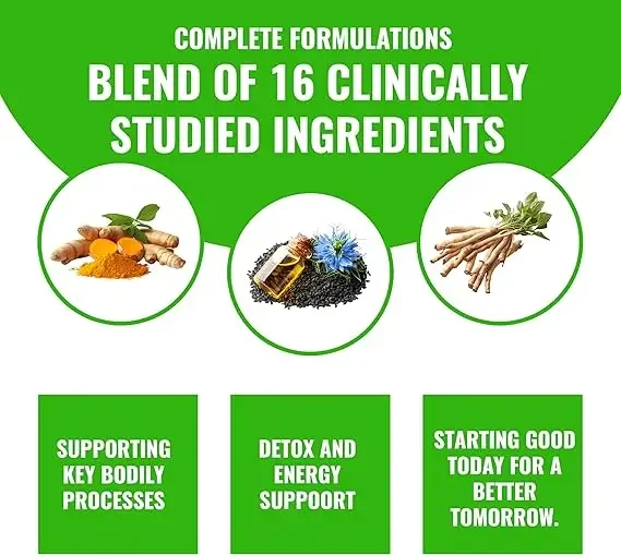 Seaweed supplement mixed with black seed oil, bladder, South African drunk eggplant, turmeric, burdock, vitamin C and D3