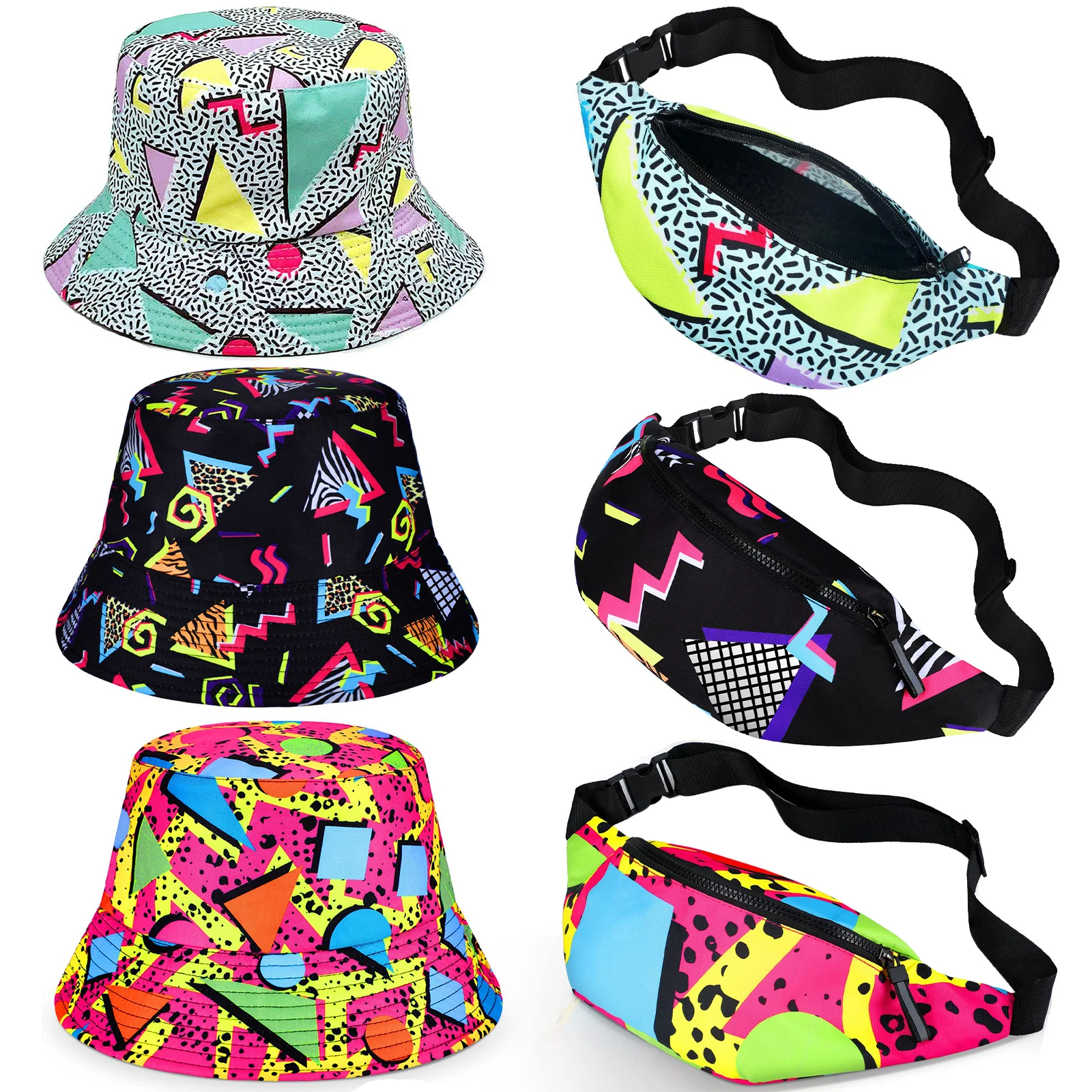 2 Pcs 80s 90s Fanny Pack Bucket Hats Set for Men Women Neon Waist Packs Hat for Sports Party