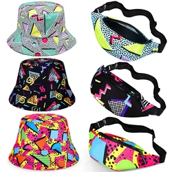 2 Pcs 80s 90s Fanny Pack Bucket Hats Set for Men Women Neon Waist Packs Hat for Sports Party