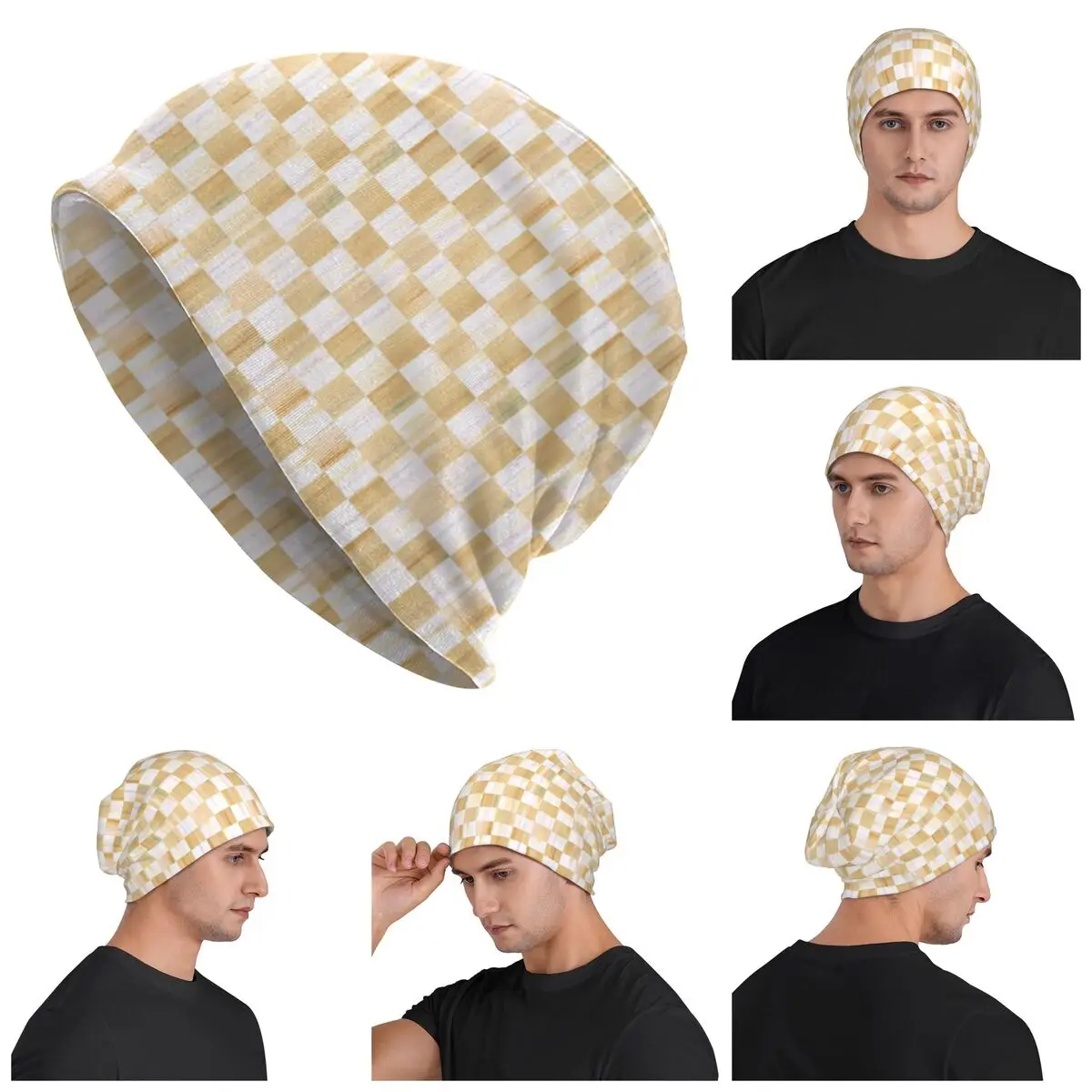 Cream Parchment Check Skullies Beanies Hats Warm Autumn Winter Outdoor Cap Knitted Bonnet Caps for Unisex Adult