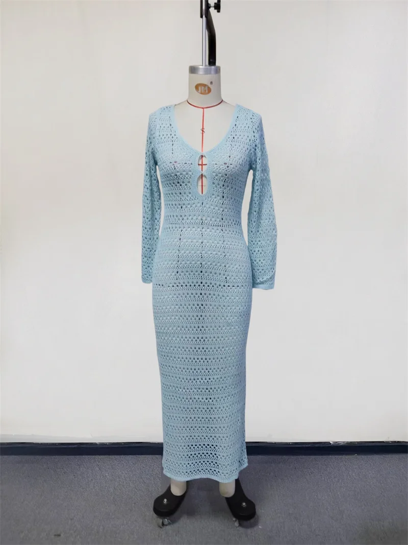 

Women's Sexy Deep V Neck Long Sleeve Knitted Dress Crocheted Bikini Cover-Up Beach Bathing Suit Female Swimwear Salon Robe