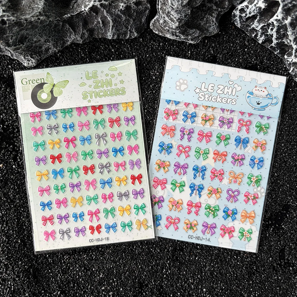 Colorful Ribbon Bow Sticker Sheets Plaid Stripe Floral Pearl Heart Self Adhesive Journal Phone Scrapbook Gift Decoration Toy