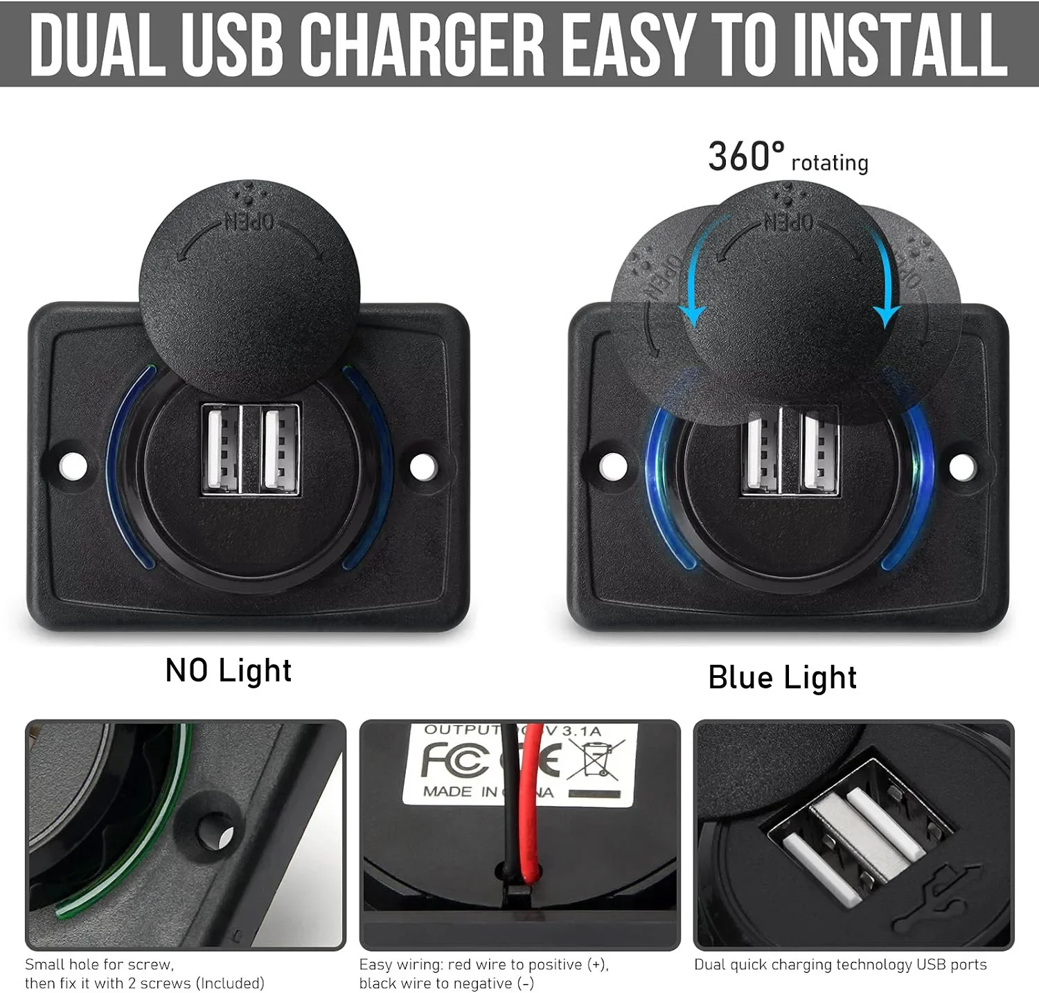 Dual-USB-Autoladegerät-Buchse, Schnellladung mit Schiebekappe und LED-Licht, 12 V/24 V, Schnellladegerät, Steckdose für Auto, Boot, Bus, Wohnmobil
